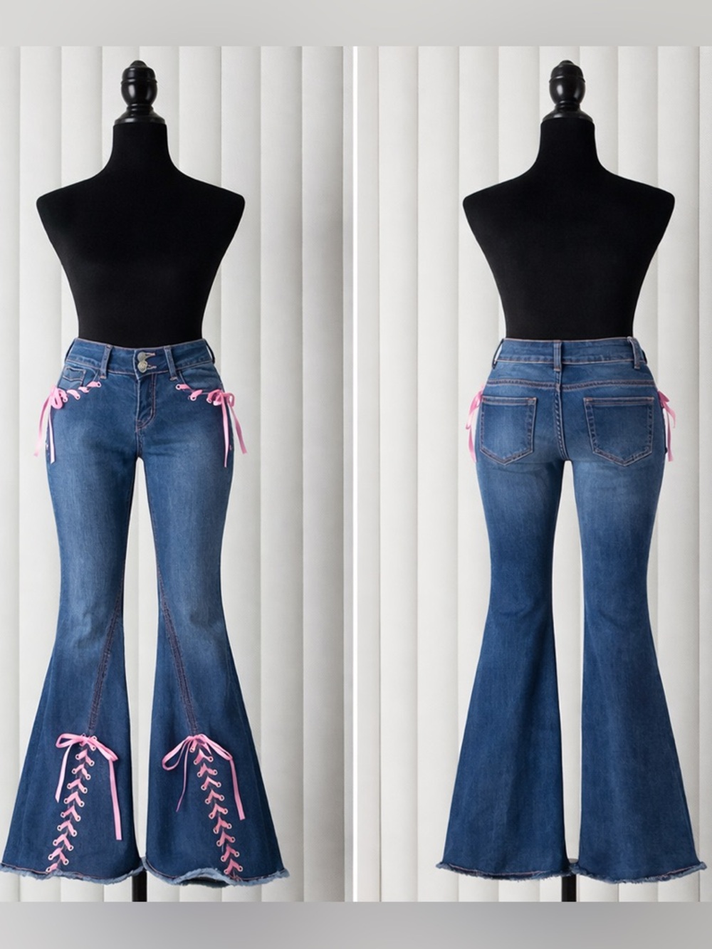 SUGAR THRILLZ Amazed Babe Corset Tie Low Rise Flare Jeans Blue Pink Size XXS